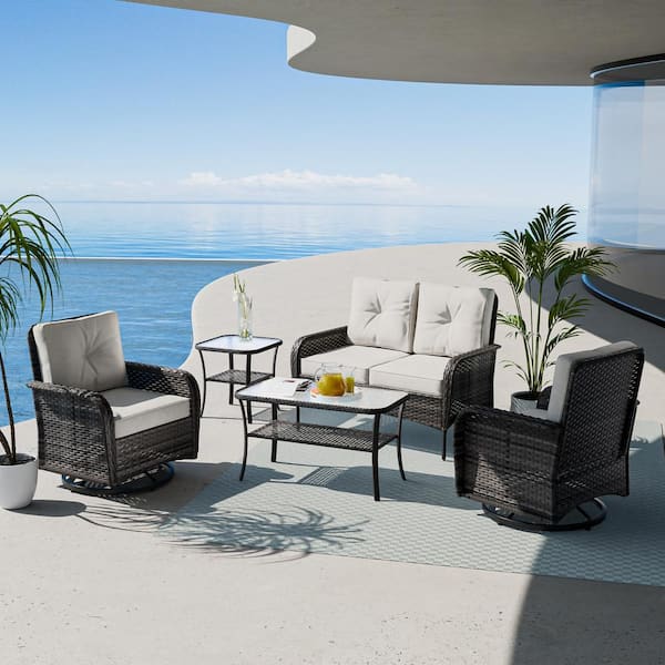 EAGLE PEAK 5 Pieces Wicker Patio Conversation Set with Beige Cushion