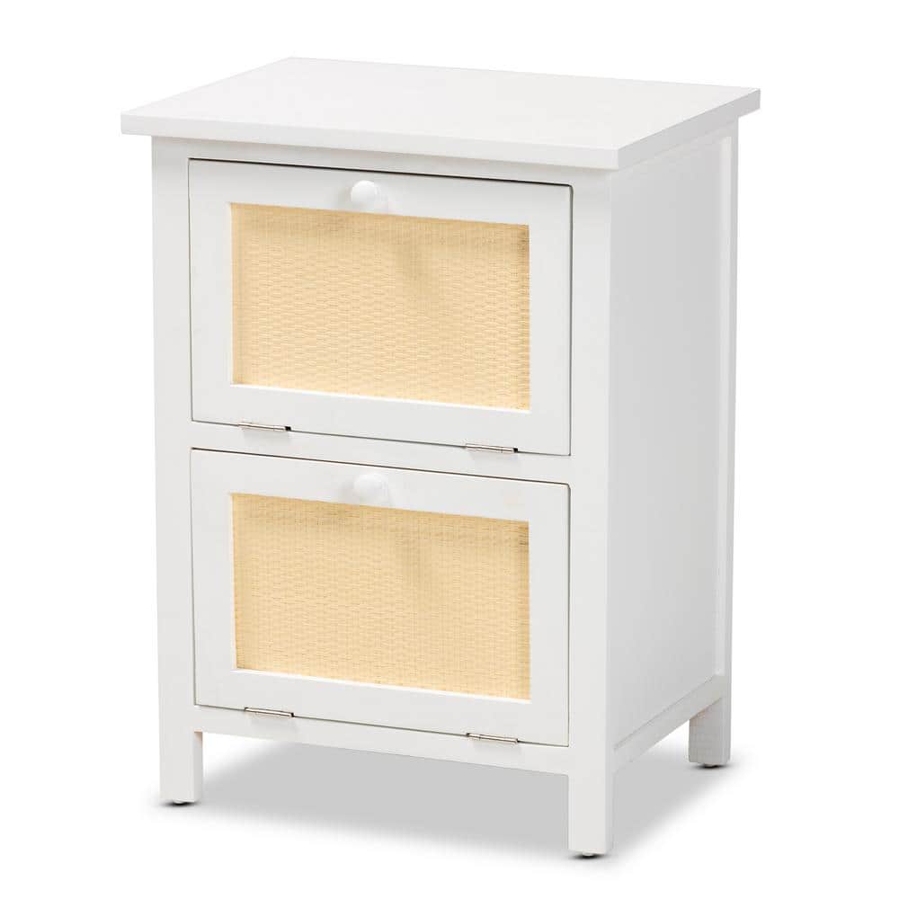 Sariah Mid-Century Rattan Accented 2-Drawer Nightstand - White