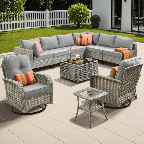 OVIOS Vinceny Gray 10-Piece Wicker Patio Conversation Set with Dark Gray Cushions and Swivel Chairs