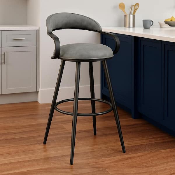 Benjara 39 H Vintage Gray and Black Low Back Wood Bar Stool