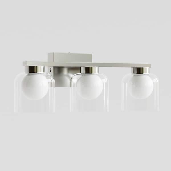 Austin 20.5 in. 3-Light Classic Nickel Integrated LED Dimmable 3-CCT Vanity Light with White and Clear Glass Shade