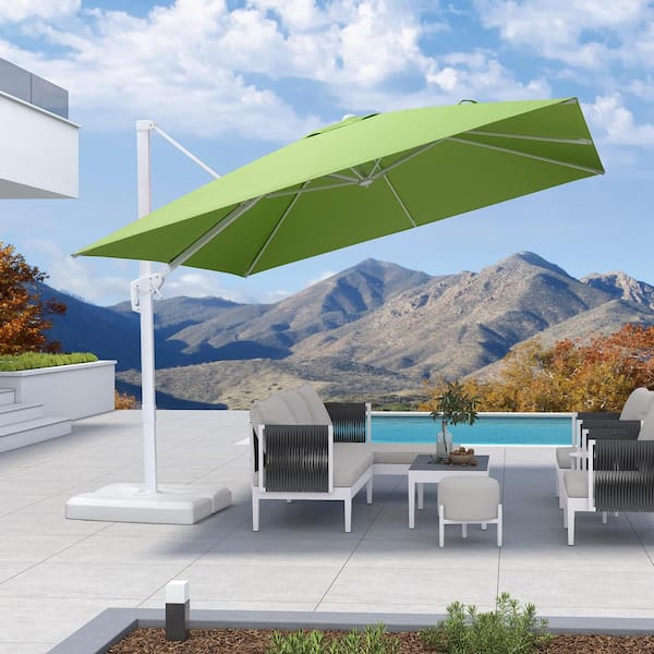 PURPLE LEAF 10 ft. Square Outdoor Patio Cantilever Umbrella White Aluminum Offset 360° Rotation Umbrella in Green