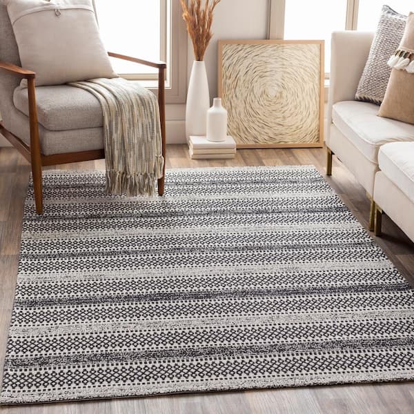 Dorean Black 5 ft. x 7 ft. Striped Geometric Machine-Washable Area Rug