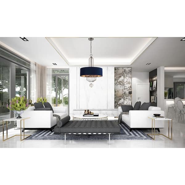 Grandeur 6-Light Aged Antique Nickel Drum Pendant with Twilight Blue Velvet Shade