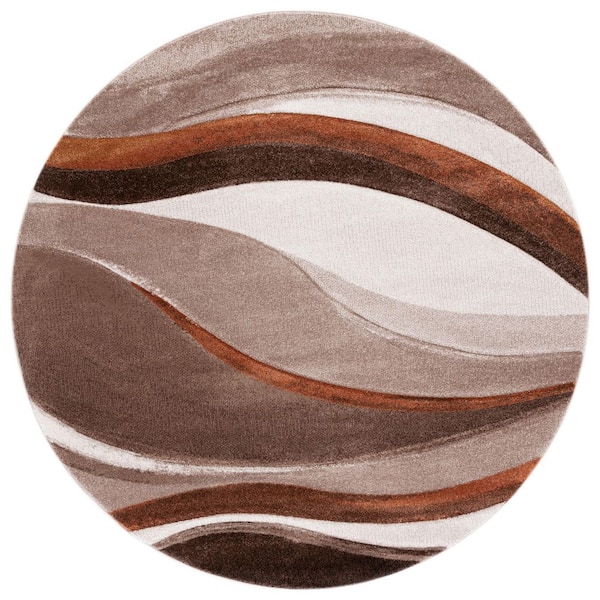 Hollywood 3 ft. x 3 ft. Beige/Brown Gradient Waves Round Area Rug