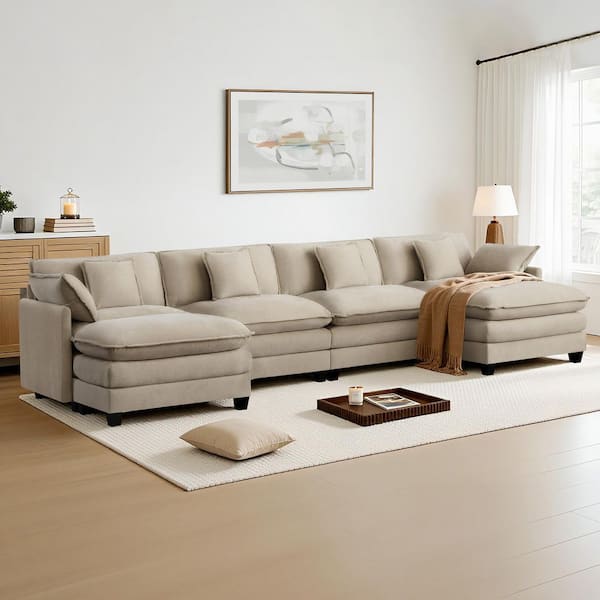 Noro 144.5 in. Square Arm 6-piece Fabric Sectional Sofa in Khakis with Storage Ottomans