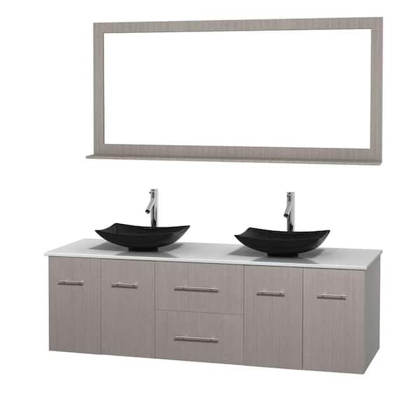 Wyndham Collection Centra 72 in. Double Vanity in Gray Oak with Solid-Surface Vanity Top in White, Black Granite Sinks and 70 in. Mirror