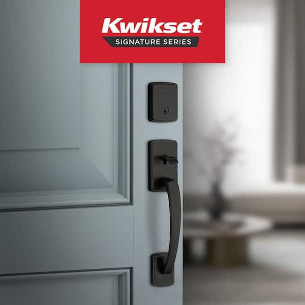 Brentford Matte Black Keyed Door Handleset with Deadbolt and Sedona Door Handle Featuring SmartKey Security