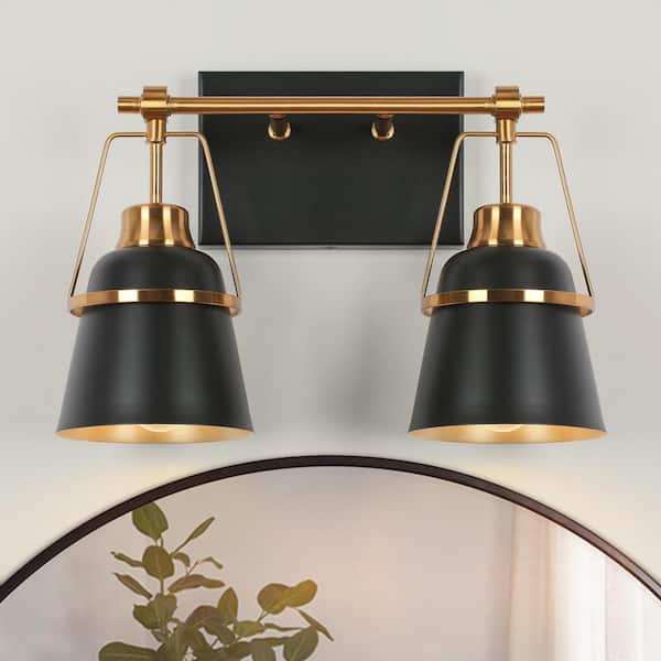Uolfin 13.4 in. 2-Light Black and Gold Vanity Light with Metal Shades