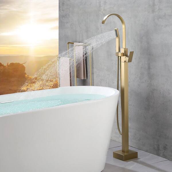 Modern Style Floor Mounted Tub Shower Faucets Unique Design Single Handle  Brass Tub Filler Home Bathroom Free Standing Bathtub Shower Taps, Gold  Finish 