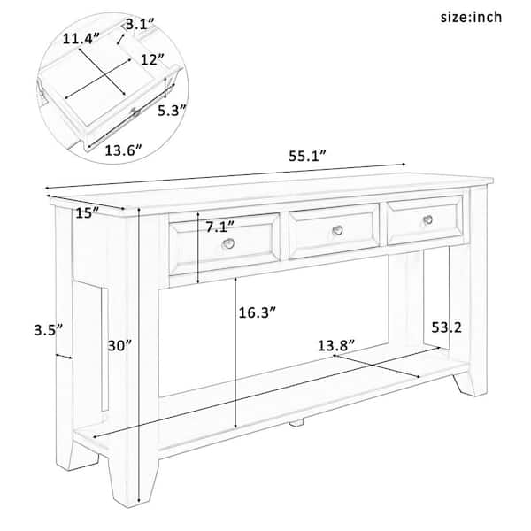 55.10 in. W x 15.00 in. D x 30.00 in. H Blue Linen Cabinet Console Table with 3-Drawers and 1-Shelf