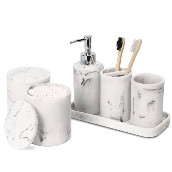 Dracelo 6-Piece Bathroom Accessory Set with Soap Dispenser, Tray, 2 Jars, Bathroom Tumbler Toothbrush Holder in. White Marble