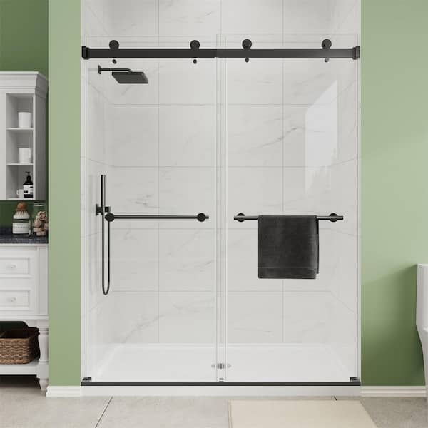 55 to 60 in. W x 72 in. H Frameless Double Sliding Shower Door in Matte Black with Clear Tempered Glass