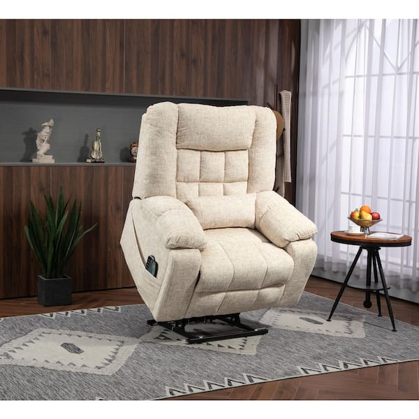Suzanne Big and Tall Cream Chenille Power Lift Recliner Chair with Adjustable Headrest, Massage and Heat