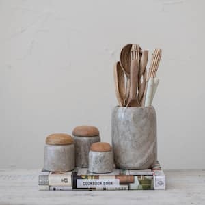 3 x 4 in. Beige Modern Marble Canister with Wood Lid