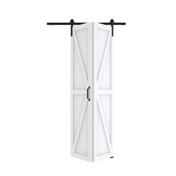 TENONER 42in x 84in, White, Finished, MDF ,K Shaped,Pre-assembled Panle, Bi-Fold Style Sliding Barn Door with Hardware Kit