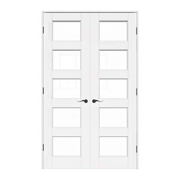 48 in. x 80 in. Universal 5-Lite Clear Glass White Solid Core Wood Double Prehung French Door with Quick Assemble Jamb