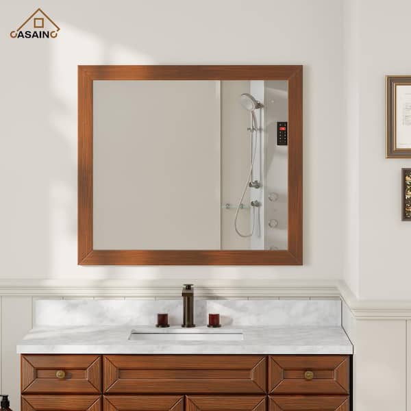 35 in. W x 34 in. H Rectangle Framed Wall Mounted Modern Bathroom Vanity Mirror in Traditional Brown