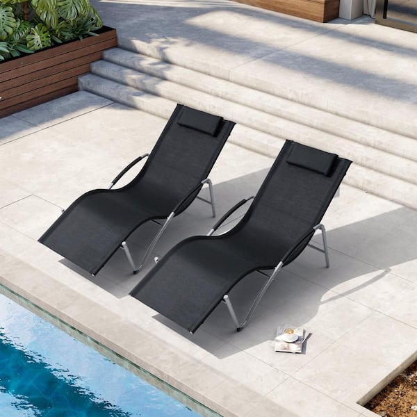 Crestlive Products Black Metal Outdoor Chaise Lounge with Arms and Headrest (2-Pack)