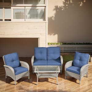Gray 4-Piece Wicker Outdoor Loveseat Set Patio Rattan Loveseat 2 Lounge Chairs and Coffee Table with Blue Cushions