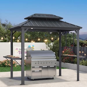 6 ft. X 8ft . Hardtop Grill Gazebo for Patio Aluminum Barbecue Shelter Gazebo with Hook and Shelves Double Tiered Grey