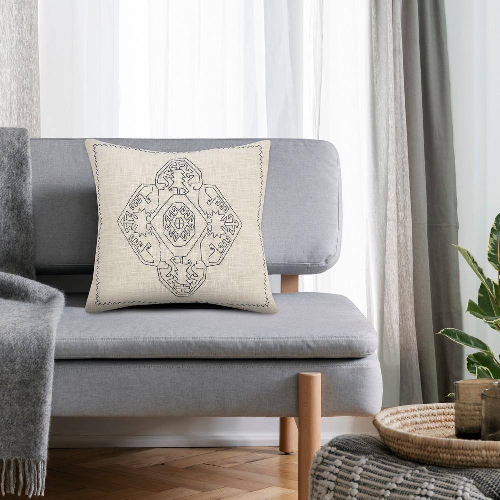20" Square Off-White Embroidered Damask Medallion Throw Pillow Set