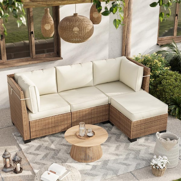 Unbranded Outdoor Cream 4 in. Thick Replacement Cushion Set Seat/Back Cushion (Set of 3 Seats, 3-Backs, 2-Short Backs, 1-Footrest)