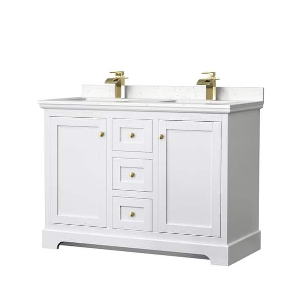 Wyndham Collection Avery 48 in. W x 22 in. D x 35 in. H Double Sink Bath Vanity in White with Light-Vein Carrara Cultured Marble Top