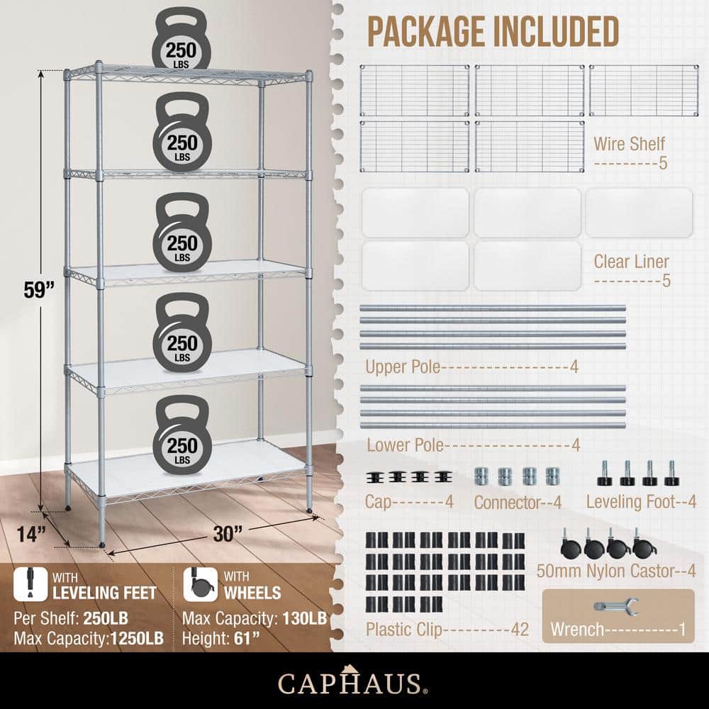 Silver 5-Tier Adjustable Steel Wire Shelving Unit with Wheels
