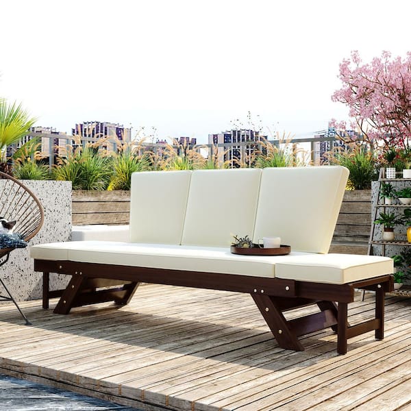Boosicavelly Wooden Adjustable Outdoor Day Bed Sofa Chaise Lounge with Beige Cushions