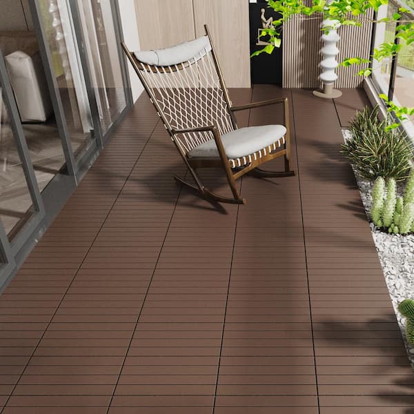 Tunearary 24 in x 12 in Brown Outdoor Patio Interlocking Deck Tile, DIY, 24-Pieces