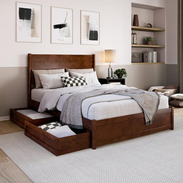 Ronan Walnut Brown Wood Frame Full Platform Bed with Footboard and Storage Drawers