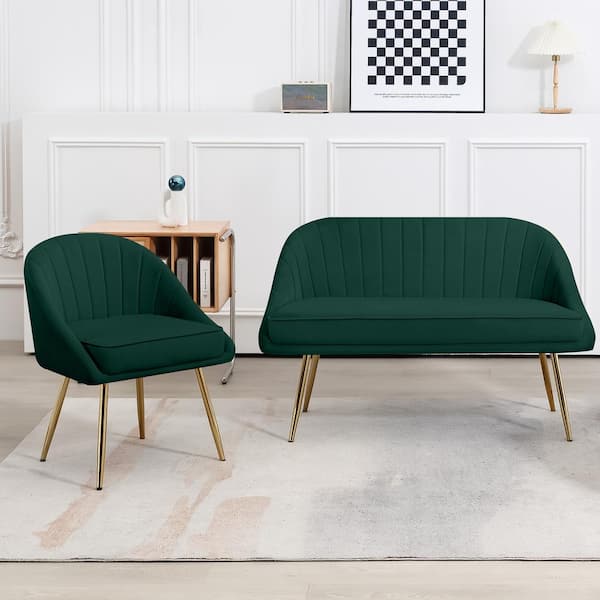 JEAREY Atye 2 Piece Green Living Room Velvet Loveseat and Accent Chair Set