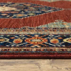 Red Blue Orange and Ivory 2 ft. x 3 ft. Oriental Power Loom Stain Resistant Fringe Area Rug