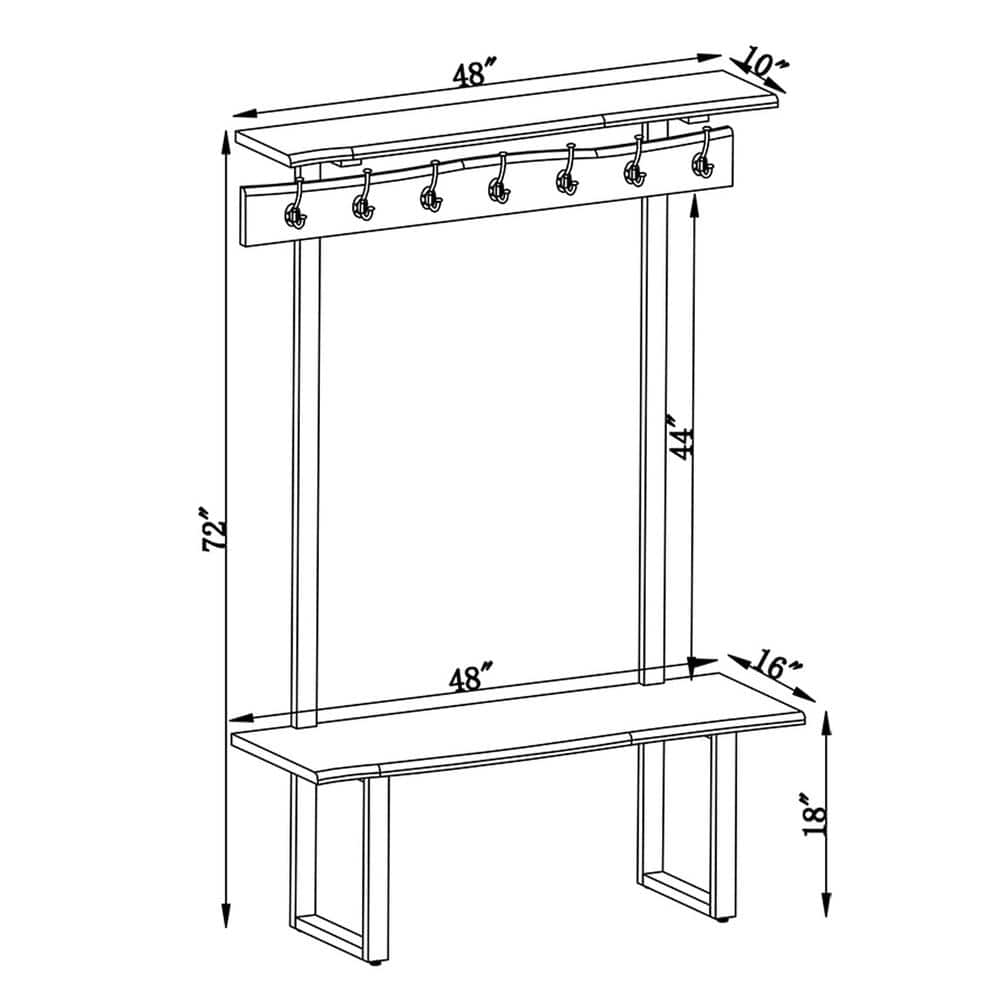 Natural Acacia Wood Hall Tree with Metal Hooks and Shelves