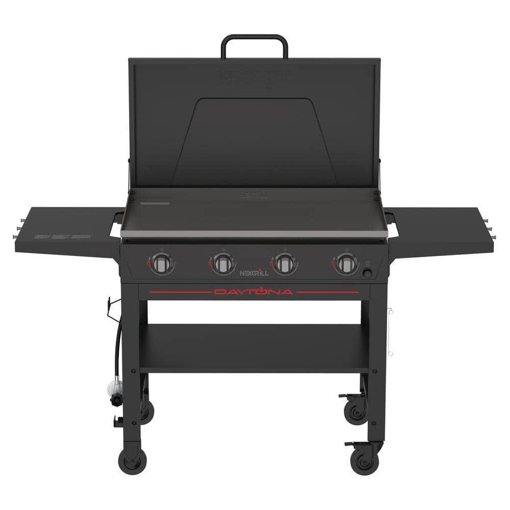 Daytona 4-Burner Propane Gas Grill 36 in. Flat Top Griddle with Lid in Black and PVC Cover Bundle