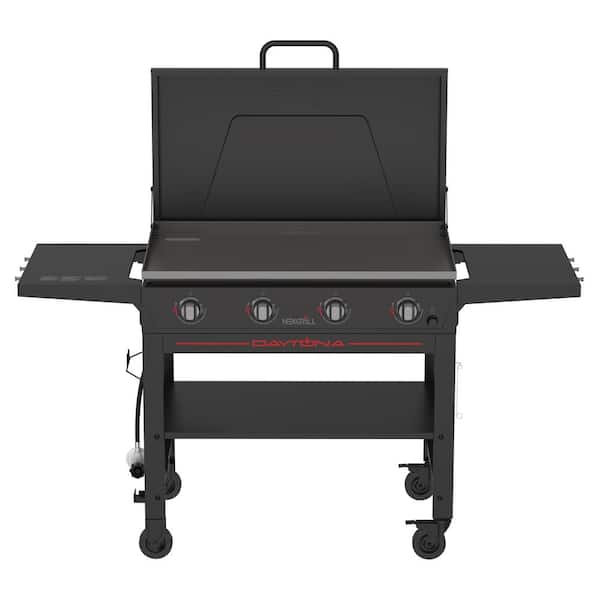 Daytona 4-Burner Propane Gas Grill 36 in. Flat Top Griddle with Lid in Black and PVC Cover Bundle