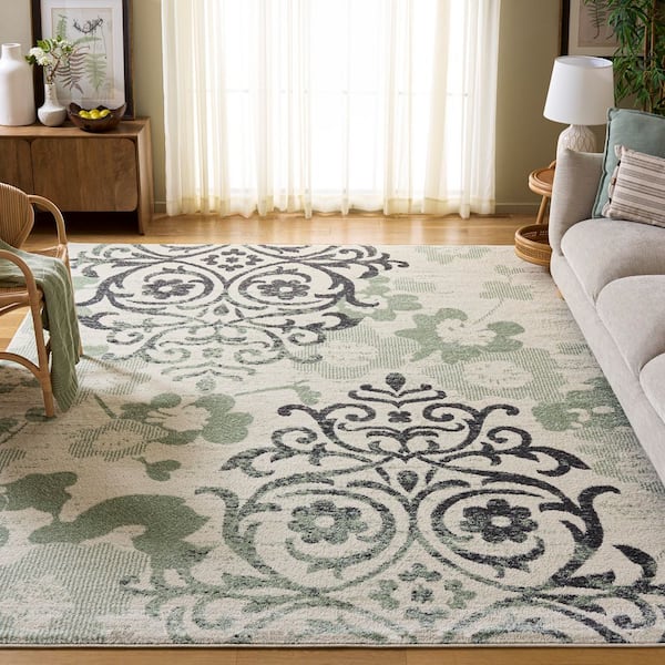 Adirondack 8 ft. x 10 ft. Ivory/Green Floral Damask Area Rug