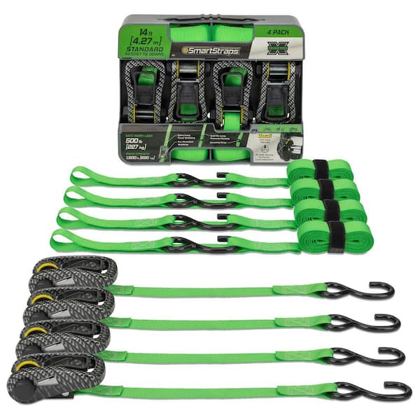 14 ft. Green CarbonX Ratchet Tie Down Straps with 500 lb. Safe Work Load - 4 pack
