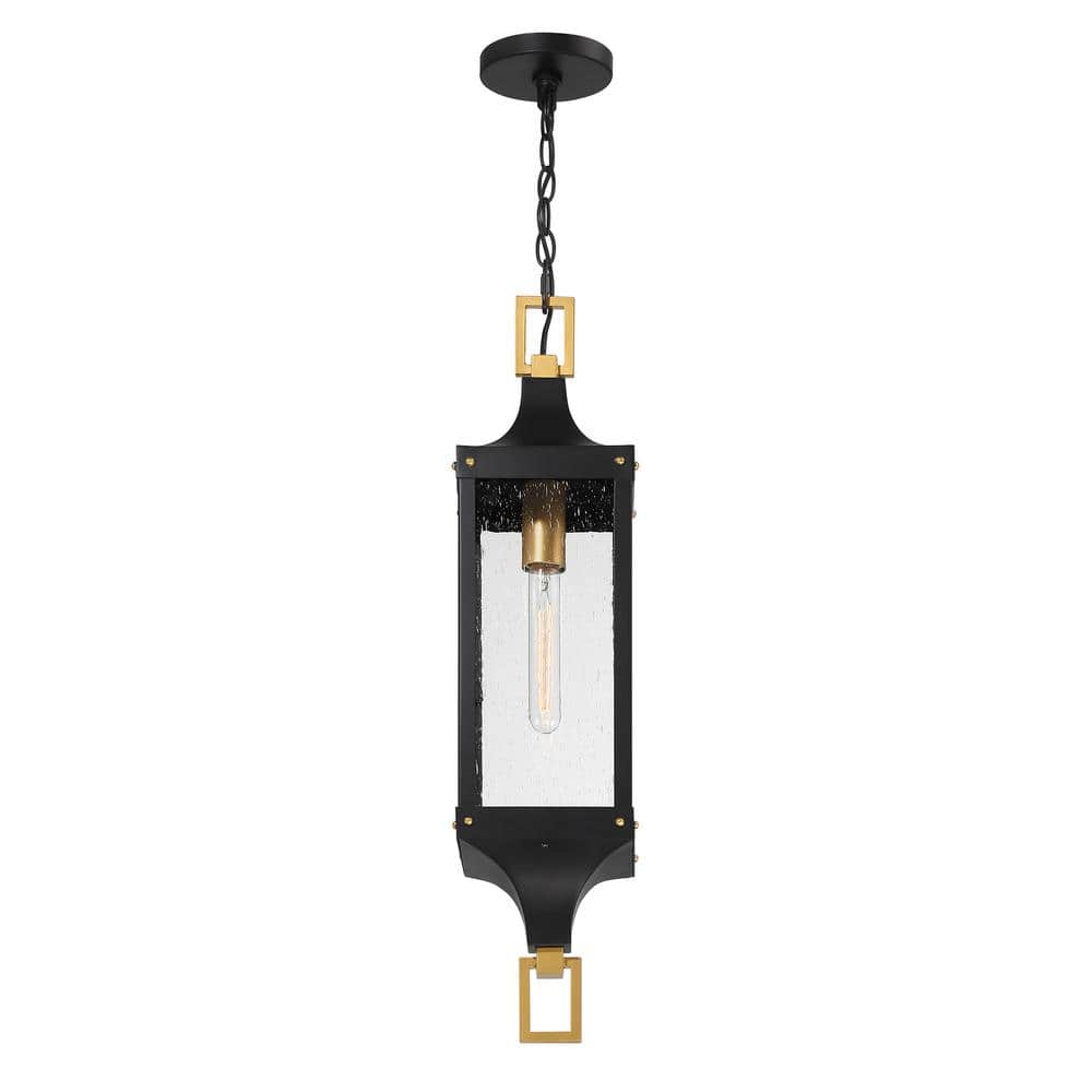 Matte Black and Brass Outdoor Pendant with Seeded Glass Shade