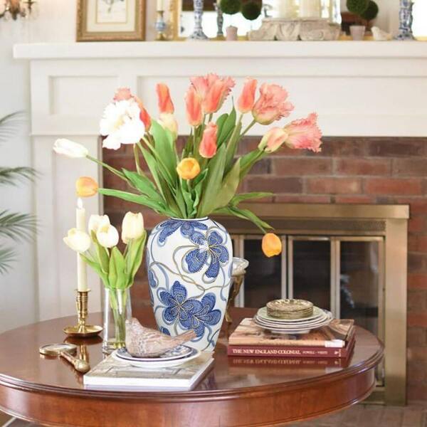 9 in. Blue Ceramic Bottle Hand-Painted Porcelain Flower Vase with