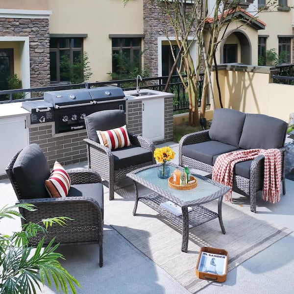 Toject Denali Gray 4-Piece 4-Seat Wicker Modern Outdoor Patio Conversation Sofa Seating Set with Black Cushions
