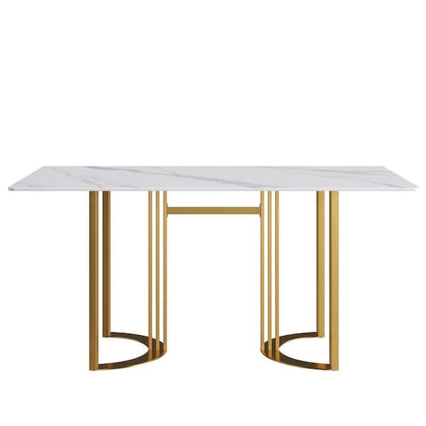 Magic Home 63 in. Sintered Stone White Rectangle Top Pedestal Gold Metal Base Dining Table (Seats-6)