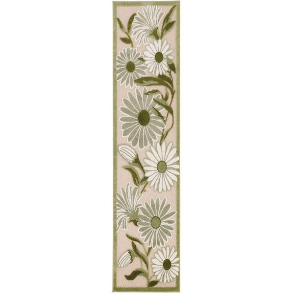 Aloha Ivory Green 2 ft. x 6 ft. Botanical Contemporary Indoor/Outdoor Runner Area Rug