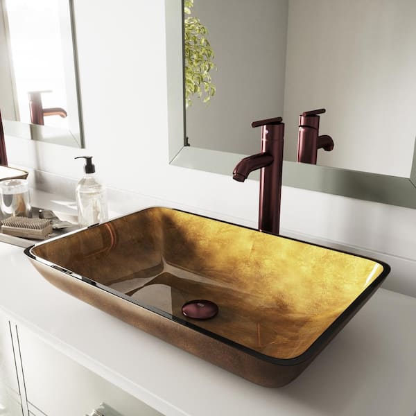 VIGO Donatello Gold Glass 22 in. L x 14 in. W x 5 in. H Rectangular Vessel Bathroom Sink