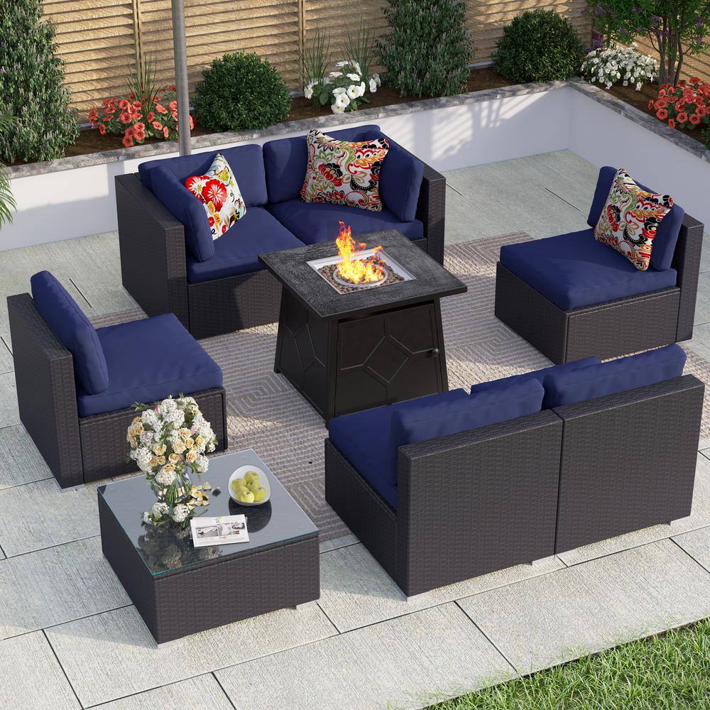 PHI VILLA Dark Brown Rattan Wicker 6 Seat 8-Piece Steel Outdoor Fire ...