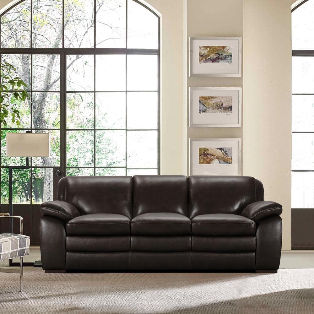 Zanna 91.5 in. Round Arm Leather Curved Sofa in Dark Brown with Brown Wood 