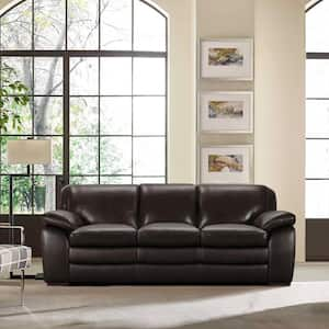 Zanna 91.5 in. Round Arm Leather Curved Reclining Sofa in Dark Brown with Brown Wood Legs