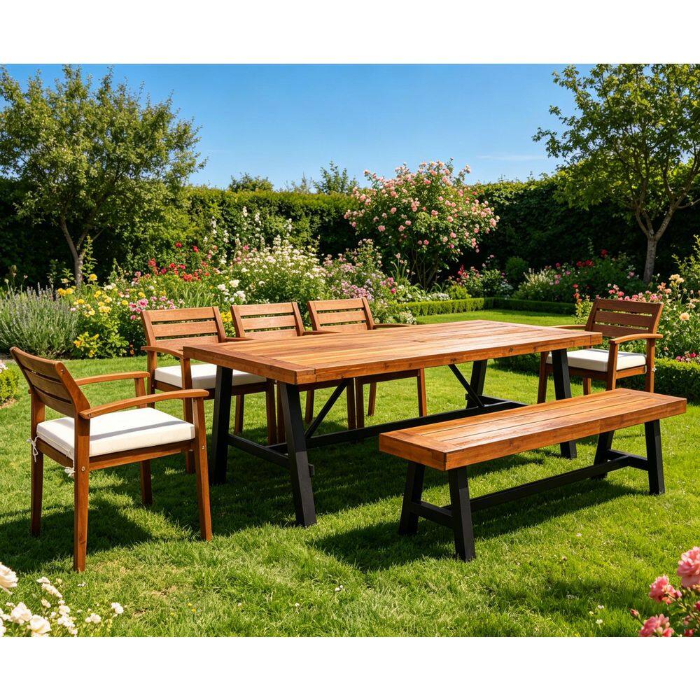 Brown 7-Piece Acacia Wood Outdoor Dining Set with Beige Cushions