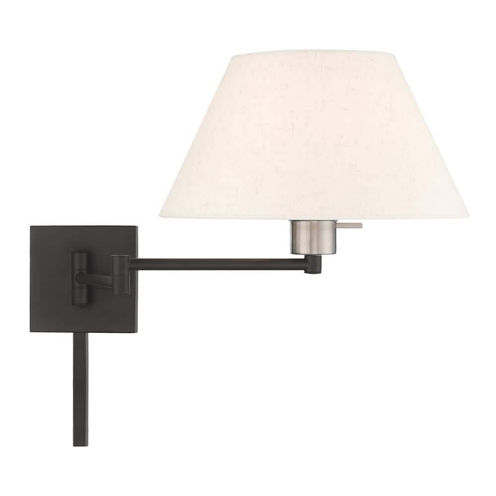 Classic Black Swing Arm Wall Lamp with Oatmeal Fabric Shade